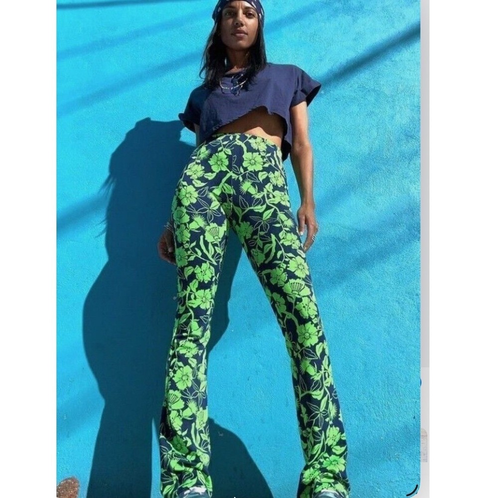 Zara Floral Jacquard Knit Flare‎ Pants Green Blue High Rise NWT Medium RARE